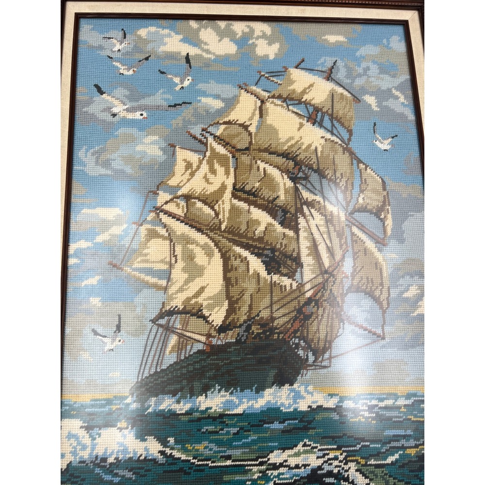 Vintage Nautical Needlepoint Framed Art Clipper Ship Seagulls Ocean 18x24 Large - Picture 8 of 13
